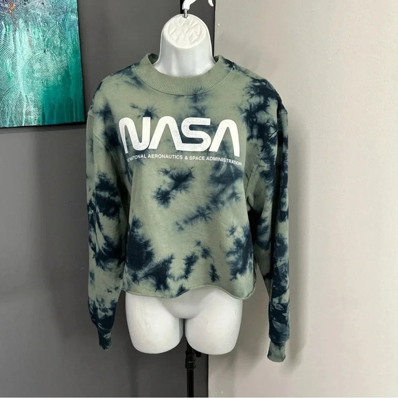 Mighty Fine Tops - NASA Women’s XL Tie Dye Cropped Sweatshirt Grunge Boho Space Bleached Goth